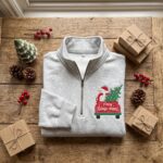 Embroidered Merry Goose-mas Quarter Zip Christmas Truck Pullover, Holiday Goose Fleece Sweatshirt