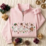 Christmas Goose Embroidered Quarter Zip Sweatshirt, Festive Duck Holiday Pullover - Image 4