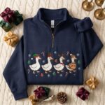 Christmas Goose Embroidered Quarter Zip Sweatshirt, Festive Duck Holiday Pullover - Image 6