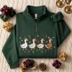 Christmas Goose Embroidered Quarter Zip Sweatshirt, Festive Duck Holiday Pullover - Image 5