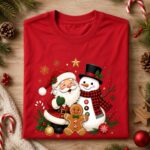 Santa Snowman Christmas Shirt, Cute Gingerbread Man Tee, Festive Trio Xmas Top - Image 6