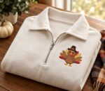 Embroidered Turkey Quarter Zip Pullover Fall Thanksgiving Sweatshirt