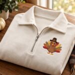 Embroidered Turkey Quarter Zip Pullover Fall Thanksgiving Sweatshirt