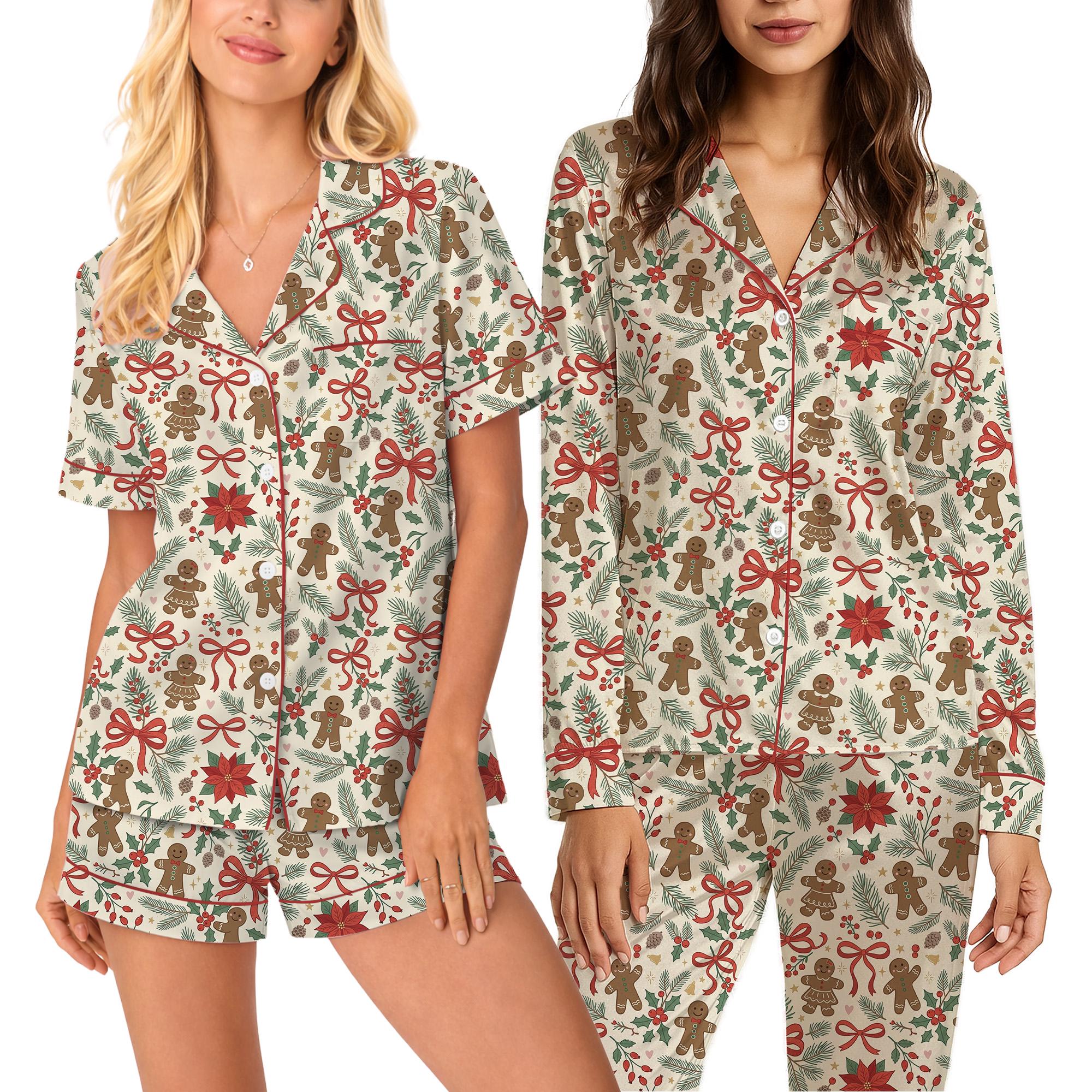il_fullxfull.8564733516_owzr Gingerbread Satin Pajama Set for Women Girls, Christmas Holiday Sleepwear, Festive Short Long Sleeve PJs - Image 1