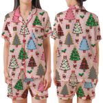 Christmas Satin Pajama Set for Women, Christmas Tree Pink Holiday Sleepwear,Festive Short Long Sleeve PJs - Image 3