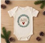 My First Christmas Baby Onesie, Holiday Wreath Infant Bodysuit, Boho Christmas Baby Outfit
