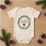 My First Christmas Baby Onesie, Holiday Wreath Infant Bodysuit, Boho Christmas Baby Outfit