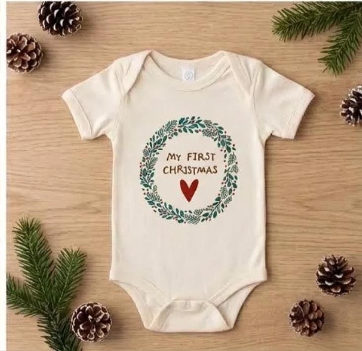 il_fullxfull.8568243810_85q4 My First Christmas Baby Onesie, Holiday Wreath Infant Bodysuit, Boho Christmas Baby Outfit - Image 1