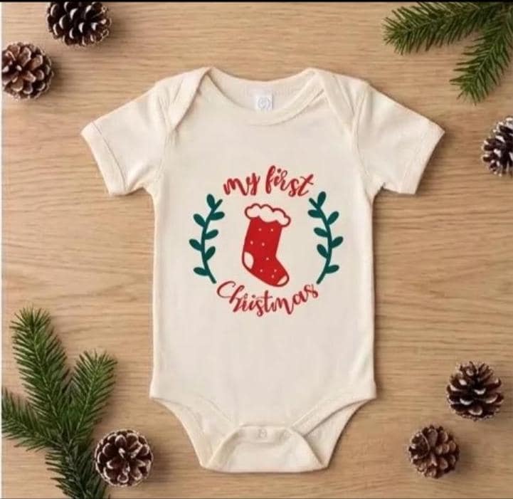 il_fullxfull.8568261930_223z My First Christmas Baby Onesie, Christmas Stocking Infant Bodysuit, Baby First Xmas Outfit - Image 1