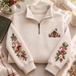 Embroidered Christmas Bunny Quarter Zip, Gingerbread House Holiday Sweatshirt