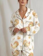 Women's Fall Pajama Set, Thanksgiving Sleepwear, Turkey Print Satin Pajamas - Image 5