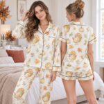 Women's Fall Pajama Set, Thanksgiving Sleepwear, Turkey Print Satin Pajamas - Image 3