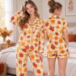 Fall Pajama Set for Women, Autumn Leaf Satin Sleepwear, Cute Thanksgiving Morning Outfit - Image 4