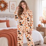 Dog Pajama Set for Women, Fall Dachshund Sleepwear, Autumn Pumpkin Pajamas - Image 3