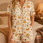 Fall Pajama Set for Women, Autumn Harvest Satin Sleepwear, Cozy Pumpkin Pajamas, Thanksgiving Set - Image 3