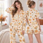 Fall Pajama Set for Women, Autumn Harvest Satin Sleepwear, Cozy Pumpkin Pajamas, Thanksgiving Set - Image 4