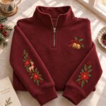 Embroidered Christmas Deer Quarter Zip Sweatshirt, Jingle Bell Holiday Pullover