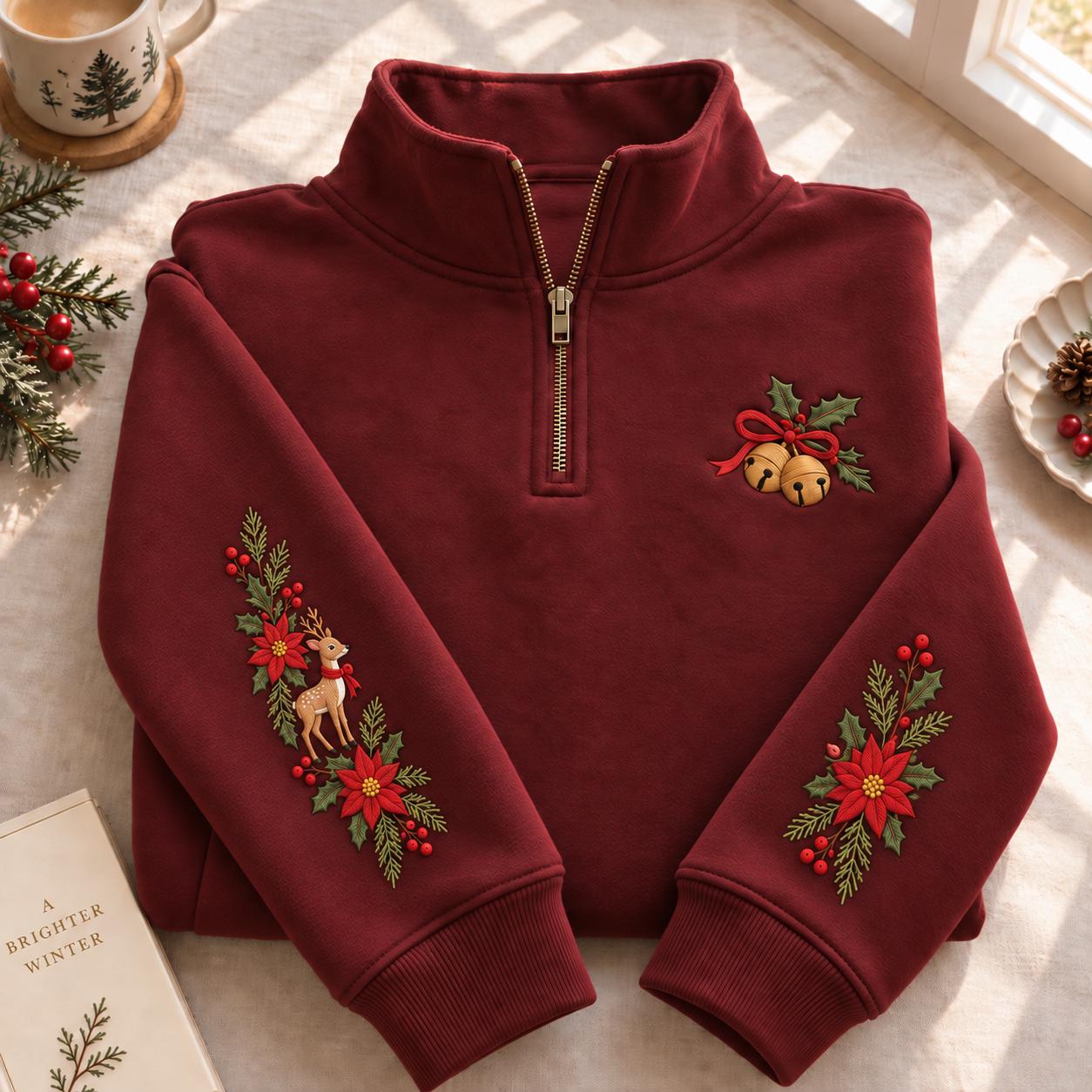il_fullxfull.8574151321_6zd3 Embroidered Christmas Deer Quarter Zip Sweatshirt, Jingle Bell Holiday Pullover - Image 1