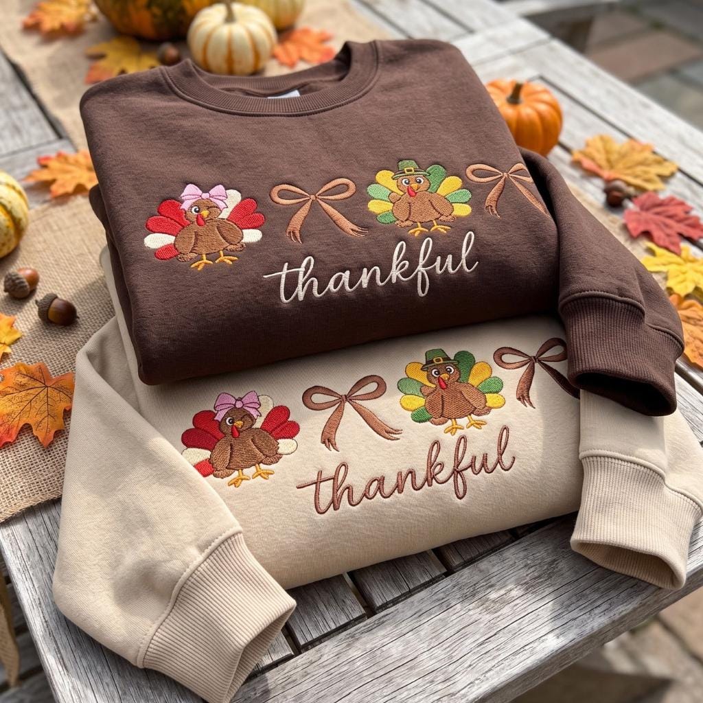 il_fullxfull.8575381872_bmhu Thankful Turkey Embroidered Sweatshirt, Thanksgiving Crewneck, Cute Turkey Bow Sweater - Image 1