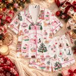 Matching Christmas Pajamas Women, Pink Holiday Sleepwear Set, Bookish Xmas PJs - Image 2