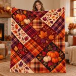 Autumn Faux Patchwork Fleece Blanket, Pumpkin Maple Leaf, Rustic Harvest Home Decor - Image 4