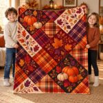 Autumn Faux Patchwork Fleece Blanket, Pumpkin Maple Leaf, Rustic Harvest Home Decor - Image 3