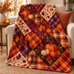 Autumn Faux Patchwork Fleece Blanket, Pumpkin Maple Leaf, Rustic Harvest Home Decor