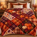 Autumn Faux Patchwork Fleece Blanket, Pumpkin Maple Leaf, Rustic Harvest Home Decor - Image 2