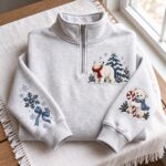 Embroidered Polar Bear Quarter Zip Pullover Winter Snowflake Sleeve Sweatshirt, Christmas Candy Cane