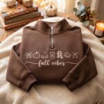 Embroidered Fall Vibes Quarter Zip Sweatshirt, Cozy Autumn Sweatshirt - Image 7
