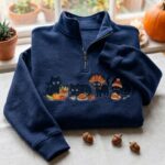 Thanksgiving Black Cat Embroidered Sweatshirt, Turkey Pumpkin Cat Quarter Zip Pullover - Image 2