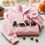 Thanksgiving Black Cat Embroidered Sweatshirt, Turkey Pumpkin Cat Quarter Zip Pullover - Image 5