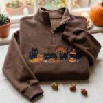 Thanksgiving Black Cat Embroidered Sweatshirt, Turkey Pumpkin Cat Quarter Zip Pullover