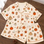 Fall Pajamas Set, Hello Fall Pjs for Women, Autumn Sleepwear, Pumpkin Leaf Pajama Set, Thanksgiving Pajama Set - Image 5