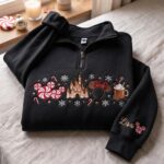 Embroidered Disney Christmas Quarter Zip Sweatshirt, Holiday Mickey & Minnie Castle Pullover - Image 2