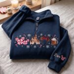 Embroidered Disney Christmas Quarter Zip Sweatshirt, Holiday Mickey & Minnie Castle Pullover - Image 3