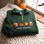 Embroidered Autumn Icons Quarter Zip Sweatshirt, Cozy Fall Sweatshirt, Fall Book Pumpkin Sweatshirt - Image 5