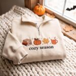 Embroidered Autumn Icons Quarter Zip Sweatshirt, Cozy Fall Sweatshirt, Fall Book Pumpkin Sweatshirt - Image 4