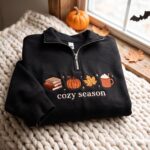 Embroidered Autumn Icons Quarter Zip Sweatshirt, Cozy Fall Sweatshirt, Fall Book Pumpkin Sweatshirt - Image 3