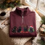 Embroidered Black Cats Christmas Quarter Zip Sweatshirt, Xmas Cat Sweatshirt - Image 5