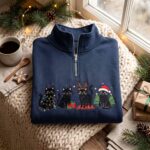 Embroidered Black Cats Christmas Quarter Zip Sweatshirt, Xmas Cat Sweatshirt - Image 2