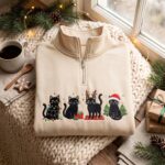 Embroidered Black Cats Christmas Quarter Zip Sweatshirt, Xmas Cat Sweatshirt - Image 6