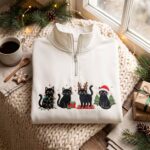 Embroidered Black Cats Christmas Quarter Zip Sweatshirt, Xmas Cat Sweatshirt - Image 4
