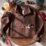 Christmas Icons Embroidered Quarter Zip Sweatshirt, Gingerbread Candy Cane Sweatshirt - Image 5