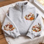 Embroidered Goose Autumn Quarter Zip Pullover, Fall Pumpkin Goose Sleeve Sweatshirt