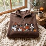 Embroidered Cow Quarter Zip Sweatshirt, Fall Coffee Sweatshirt, Cow Fall Sweatshirt - Image 6