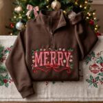 EMBROIDERED Merry Christmas Sweatshirt,Merry Christmas Quarter Zip Coquette Bow Holiday - Image 3