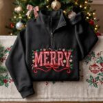 EMBROIDERED Merry Christmas Sweatshirt,Merry Christmas Quarter Zip Coquette Bow Holiday - Image 7