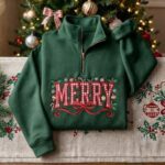 EMBROIDERED Merry Christmas Sweatshirt,Merry Christmas Quarter Zip Coquette Bow Holiday - Image 5