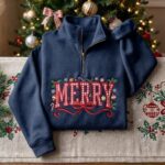 EMBROIDERED Merry Christmas Sweatshirt,Merry Christmas Quarter Zip Coquette Bow Holiday - Image 6